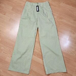NWT Nasty Gal Cotton Poplin Green White Stripe Straight Leg Trouser Pants Sz 10
